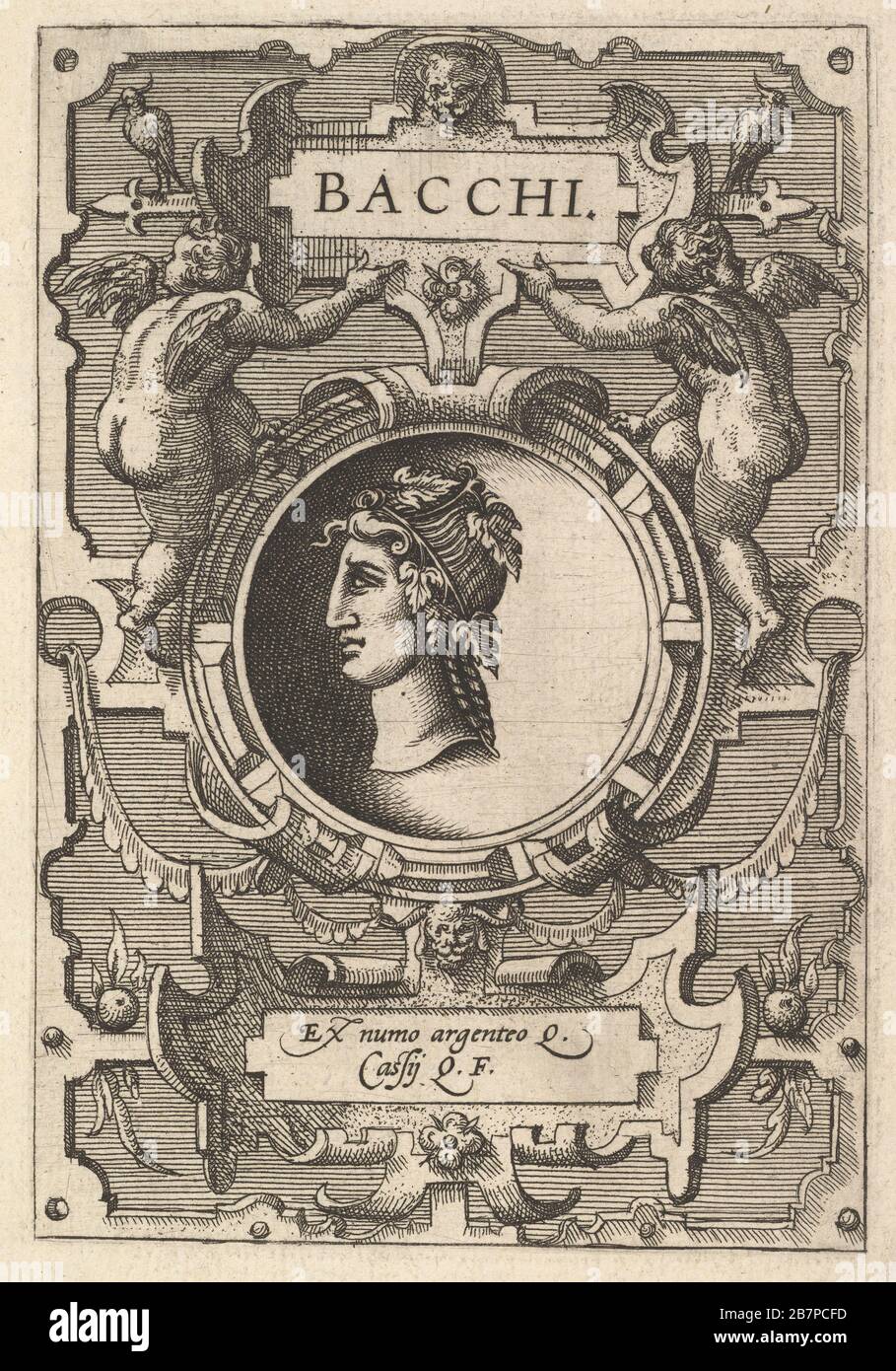 Buste de Bacchus entouré de strapwork, de la série Deorum dearumque, un ensemble d'images de déités après des pièces dans la collection d'Abraham Ortelius, 1573. Banque D'Images