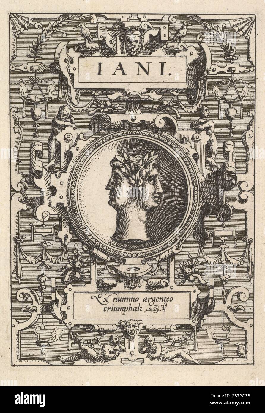 Buste de Janus entouré de strapwork, de la série «Deorum dearumque», un ensemble d'images de déités après des pièces dans la collection d'Abraham Ortelius, 1573. Banque D'Images