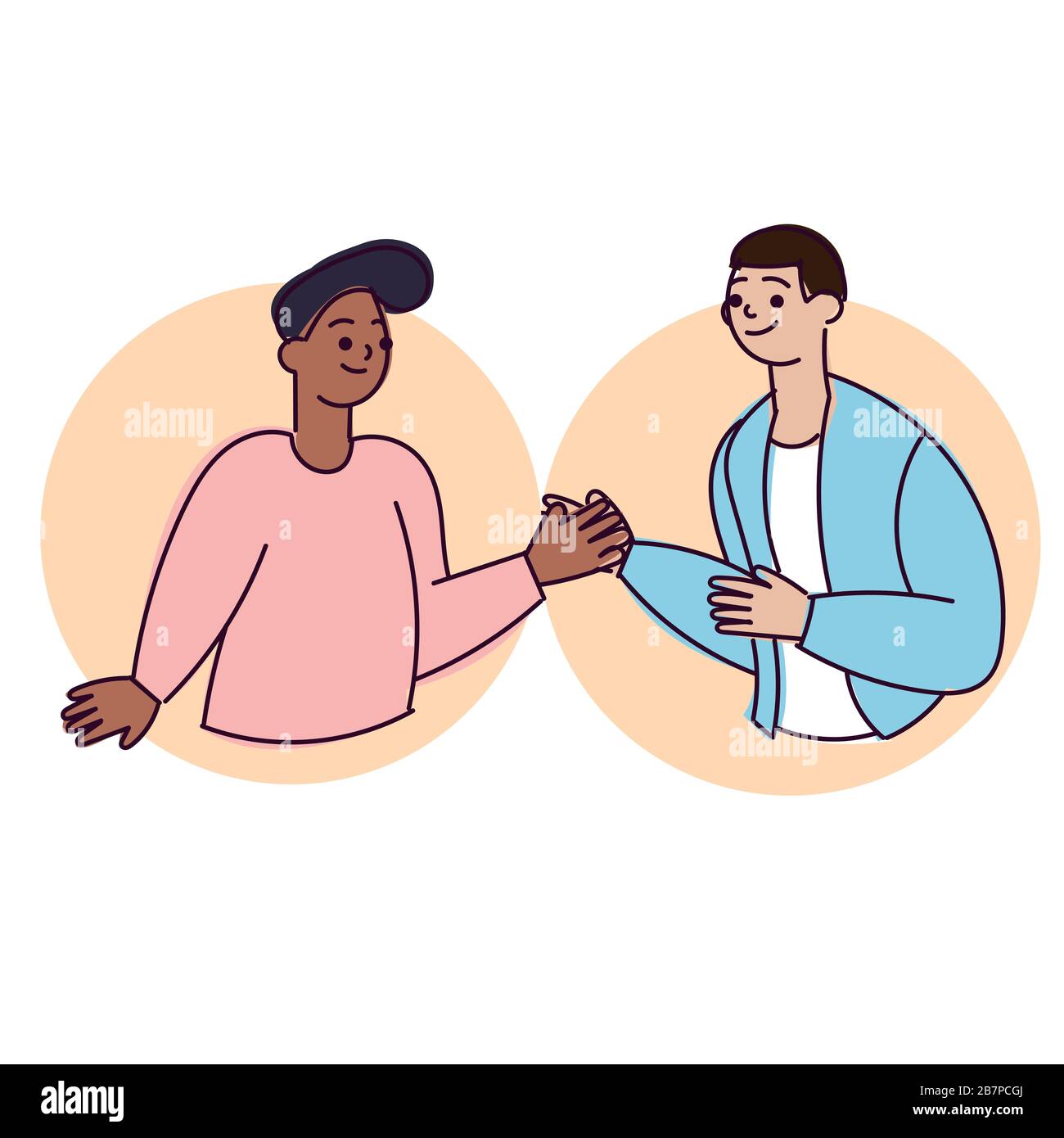 Souriant deux jeunes gens joyeux agitant , touchant les mains, se claquer les mains et dire Bonjour avec collègue.deux amis homme rencontre donnant cinq haut. Les gens Illustration de Vecteur