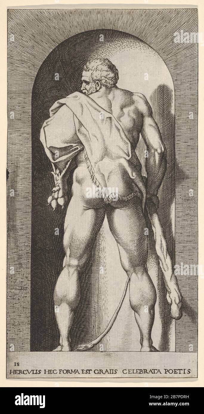 Plaque 15: Hercules debout dans une niche, portant une peau de lion et tenant un club, vu de derrière, avec sa tête tournée vers la gauche, d'une série de dieux et déesses mythologiques, 1526. Banque D'Images