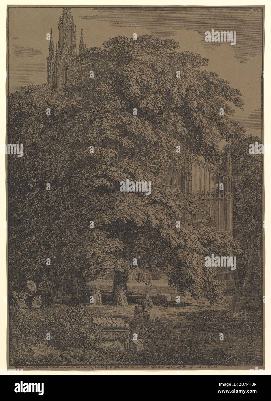 Église gothique cachée par un arbre, 1810. Banque D'Images