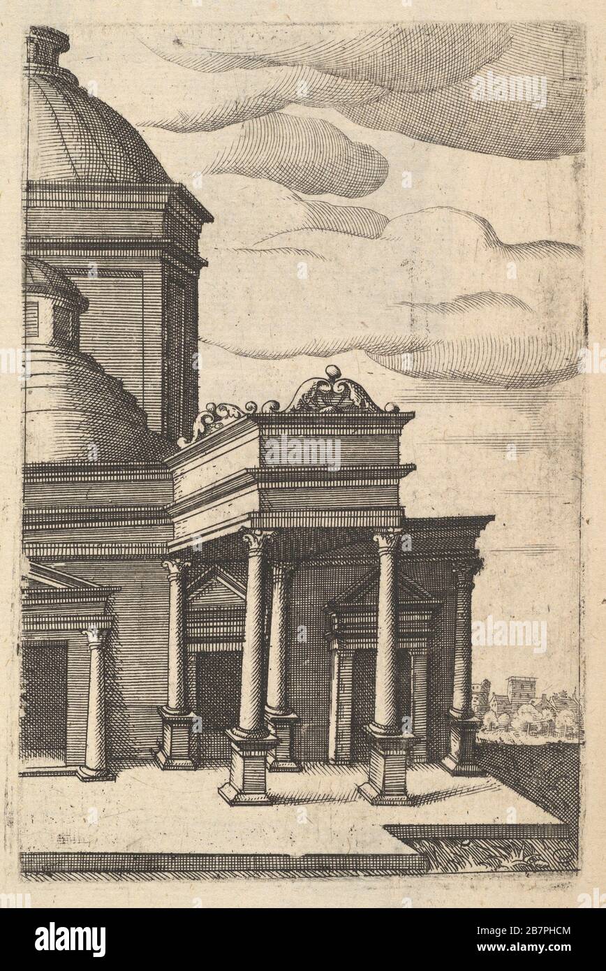 Vue partielle d'un bâtiment [Templum Veneris] de la série 'Ruinarum variarum fabricaricarum detractiones pictoribus caeterisque id genre artifice mulutiles', 1554. Après une impression précédemment attribuée à Master G.A (italien, actif vers 1535). Banque D'Images