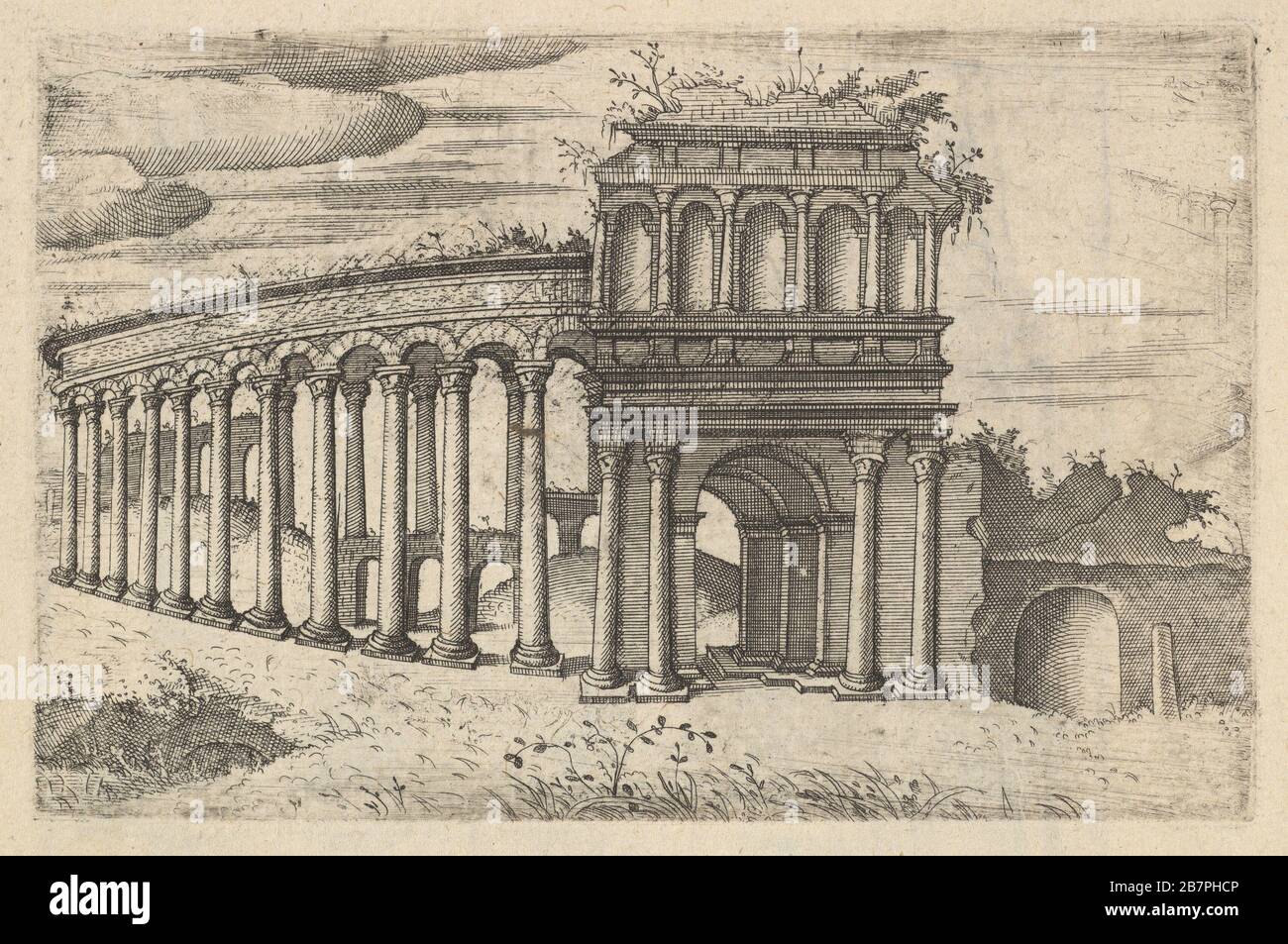 L'amphithéâtre de Bordeaux [Teatrum Bordéos; Transorum Caesaris], de la série 'Ruinarum variarum fabricarum detractiones pictoribus caeterisque id genre artifice mulutiles", 1554. Après une impression précédemment attribuée à Master G.A (italien, actif vers 1535). Banque D'Images