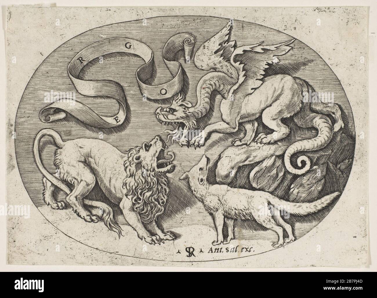 Un lion, un dragon et un renard se battant, un bandérole inscrit ci-dessus, une composition ovale, CA. 1515-27. Banque D'Images