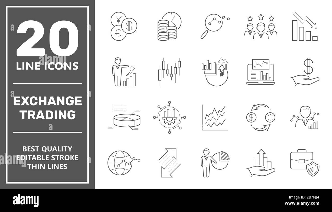 Échange et finance. Icons ensemble de business finance en ligne plan concept. Contour modifiable. SPE 10. Illustration de Vecteur