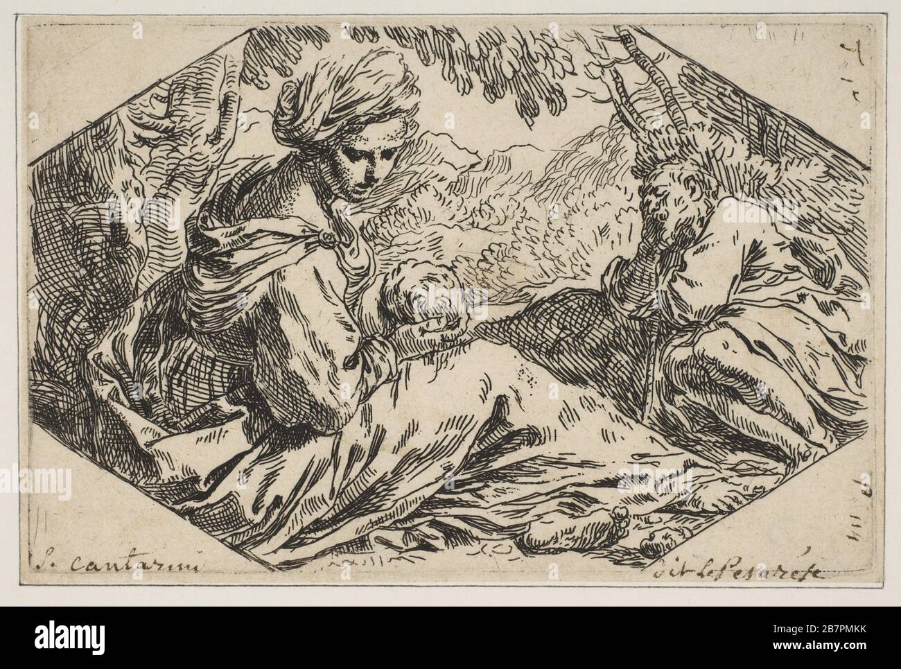 Reposez en Egypte, Marie tenant et regardant le bébé Christ tandis que Saint Joseph dort, CA. 1637-1639. Banque D'Images