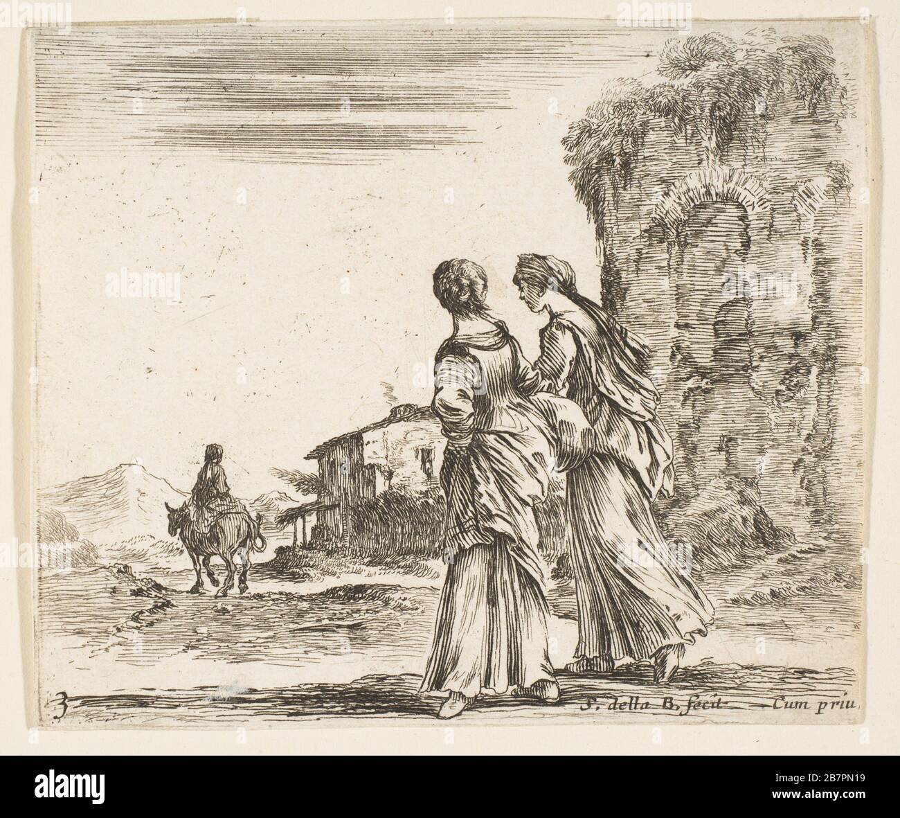 Plaque 3: Deux filles marchant vers la gauche, vu de derrière, une femme sur un cheval à gauche en arrière-plan, de Diversi capricci, CA. 1644-47. Banque D'Images