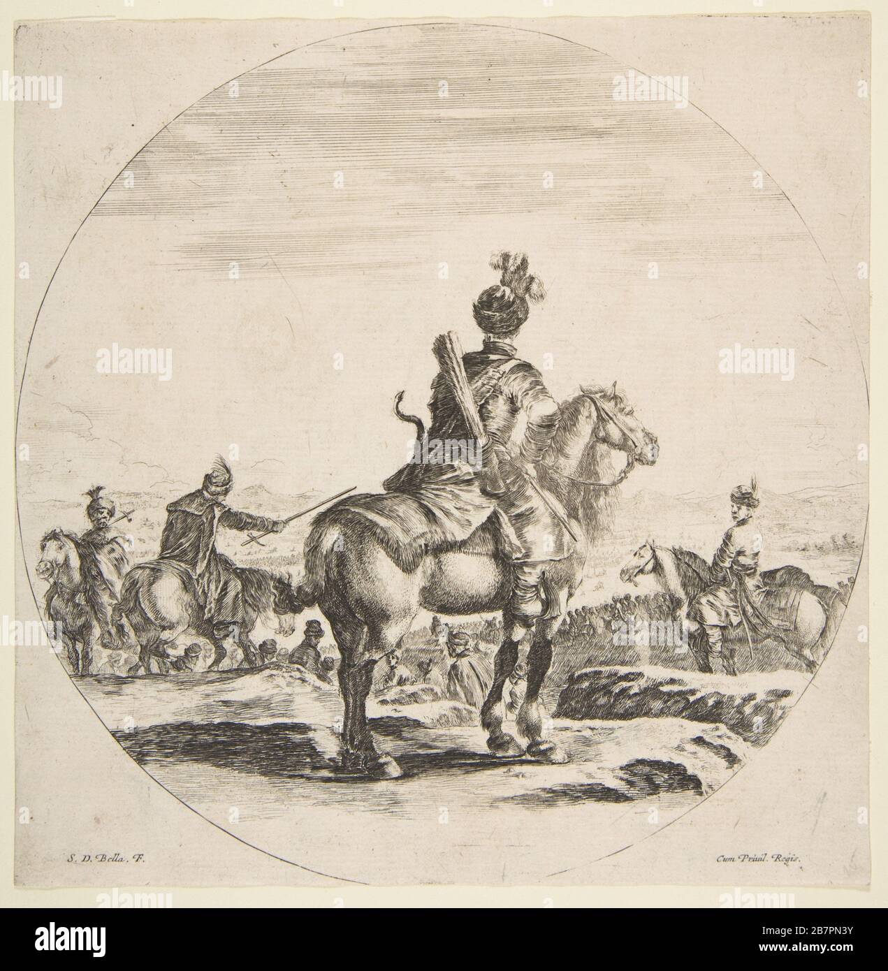 Horseman polonais avec un arc et une flèche, vu de derrière avec son cheval face à droite, une composition circulaire, de 'Figures on Horseback' (Cavalier n&#xe8;gres, polonais et hongrois), CA. 1651. Banque D'Images