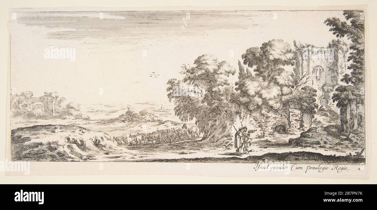 Plaque 4: Deux pèlerins observant les ruines à droite, l'un pointant vers la droite, un berger et un troupeau de bovins en arrière-plan central, de 'divers paysages' (divers paysages), CA. 1641. Banque D'Images