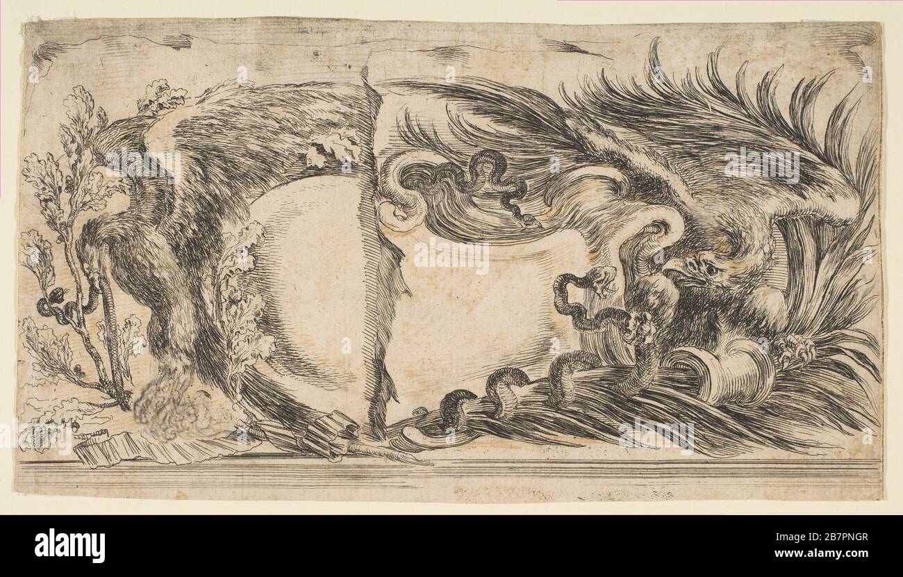 Deux moitiés différentes de cartouchent chacune montrant un aigle Fighting A Serpent, 1646. Banque D'Images