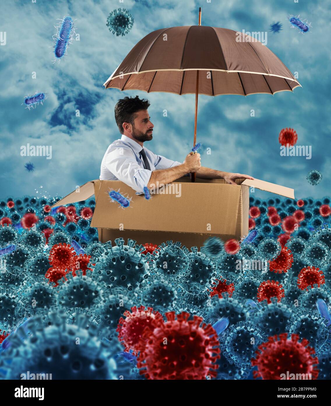 Un homme d'affaires désespéré flotte avec un carton dans une mer de virus et de bactéries. Concept de pandémie Banque D'Images