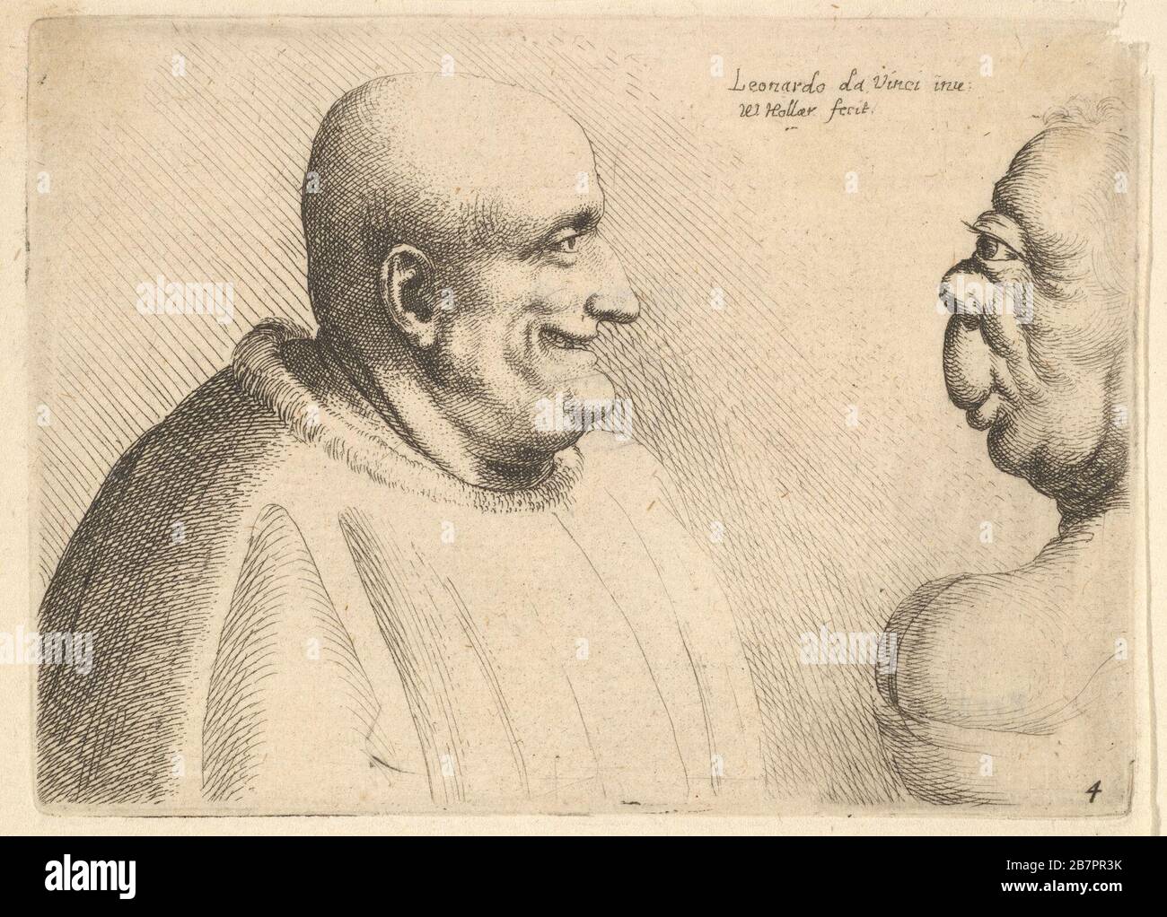 Un grand homme avec une tête chauve face à une femelle grotesque, 1625-77. Banque D'Images