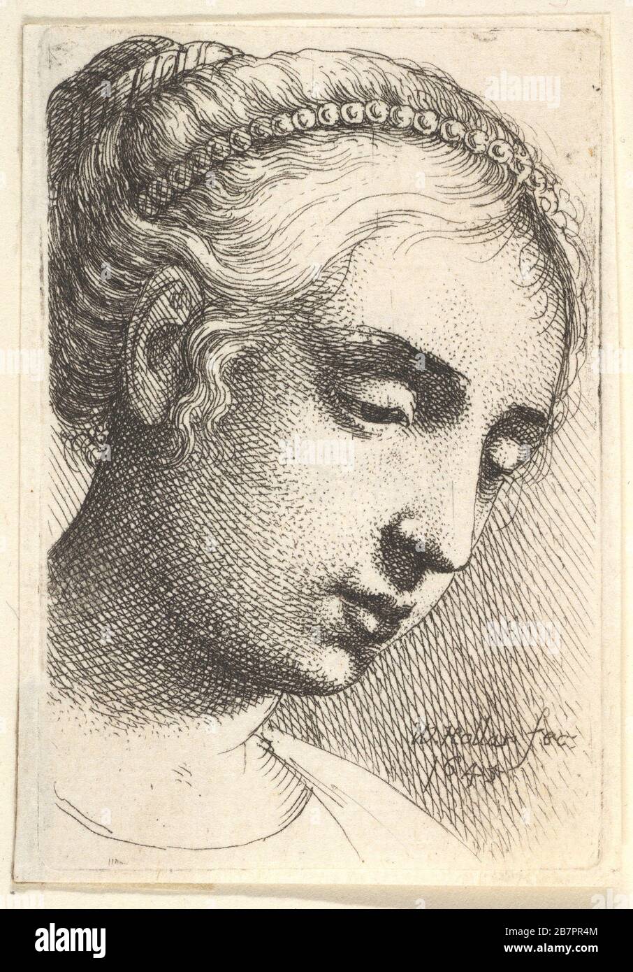 Femme avec une corde de perles dans ses cheveux regardant vers le bas à droite, 1645. Banque D'Images