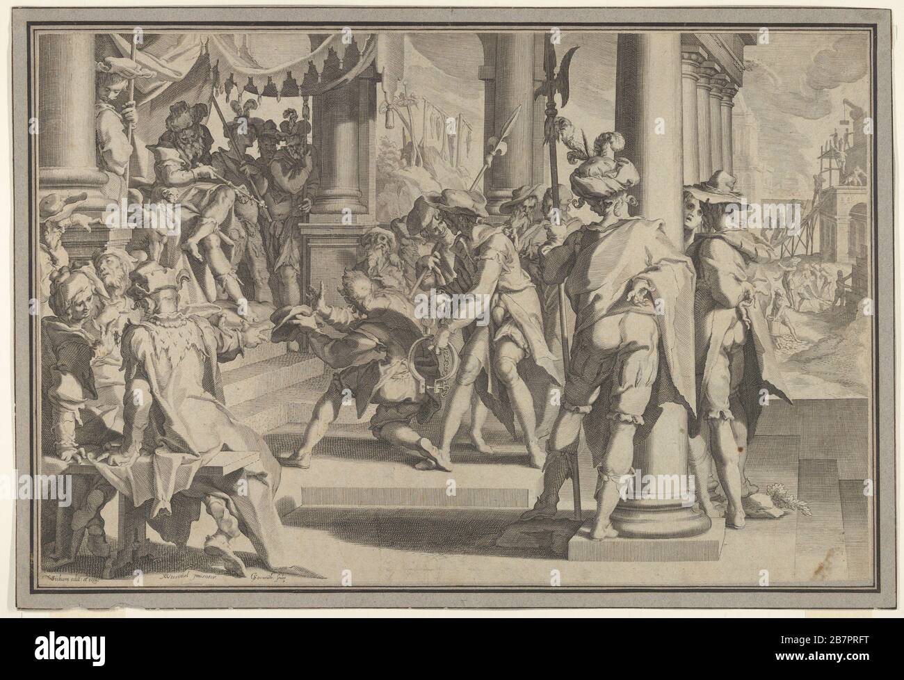 Allégorie de la justice (sainteté de la loi) avec une scène de tribunal représentant un homme faisant l'objet d'un don d'un juge, la plaque XII de Thronus justitiae, trédecim pulcherritabulmus est..., 1605. Banque D'Images