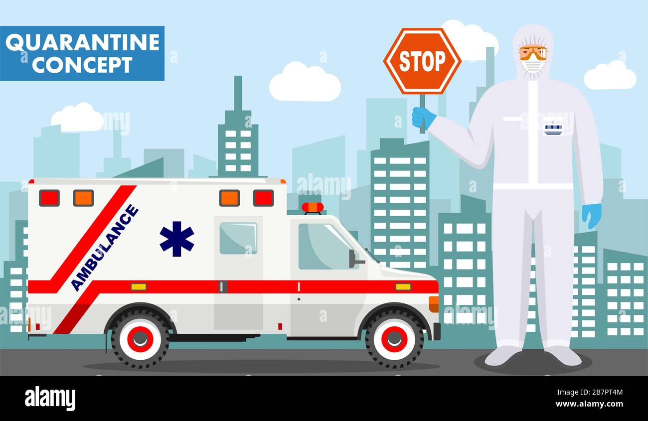 Quarantaine et concept médical. Illustration détaillée d'un médecin d'urgence dans une combinaison de protection et masque près d'une ambulance en arrière-plan avec paysage urbain Illustration de Vecteur