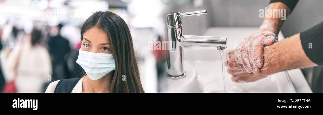 Virus du coronavirus propageant la prévention la femme chinoise asiatique portant le masque de visage contre l'homme se lavant les mains dans l'eau chaude frottant dans la bannière panoramique savon. Banque D'Images