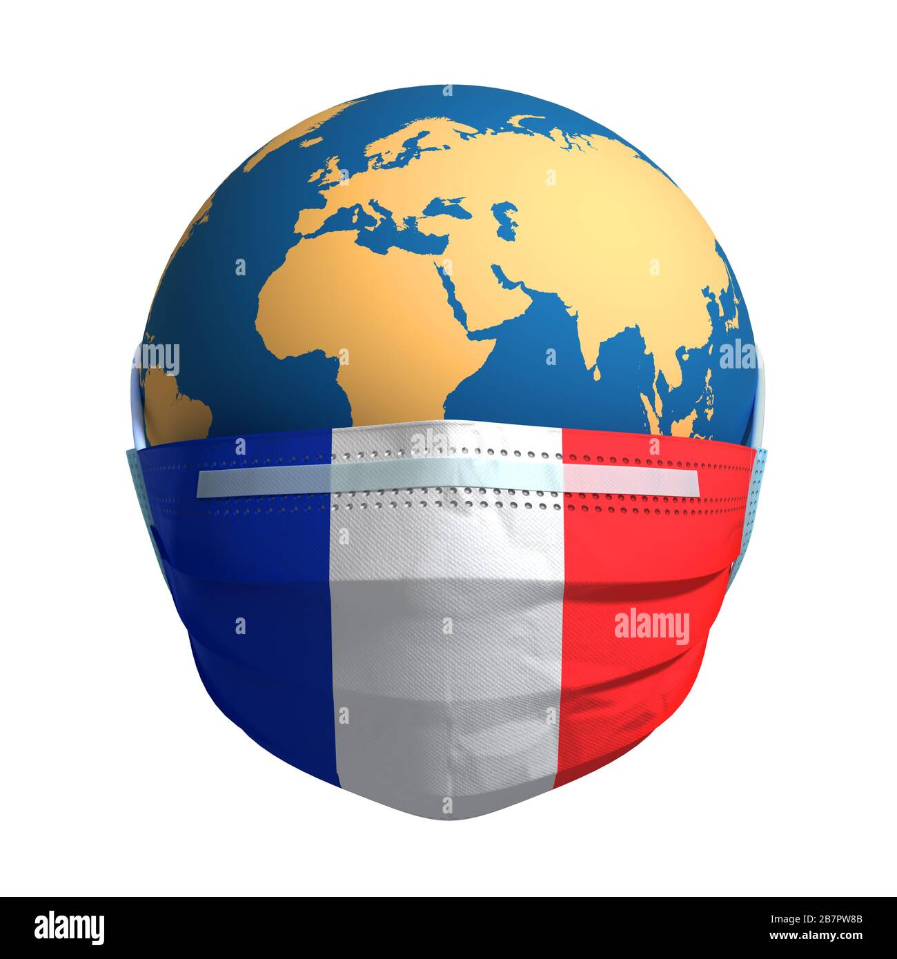 Planète Terre en masque médical et drapeau de la France sur fond blanc Banque D'Images