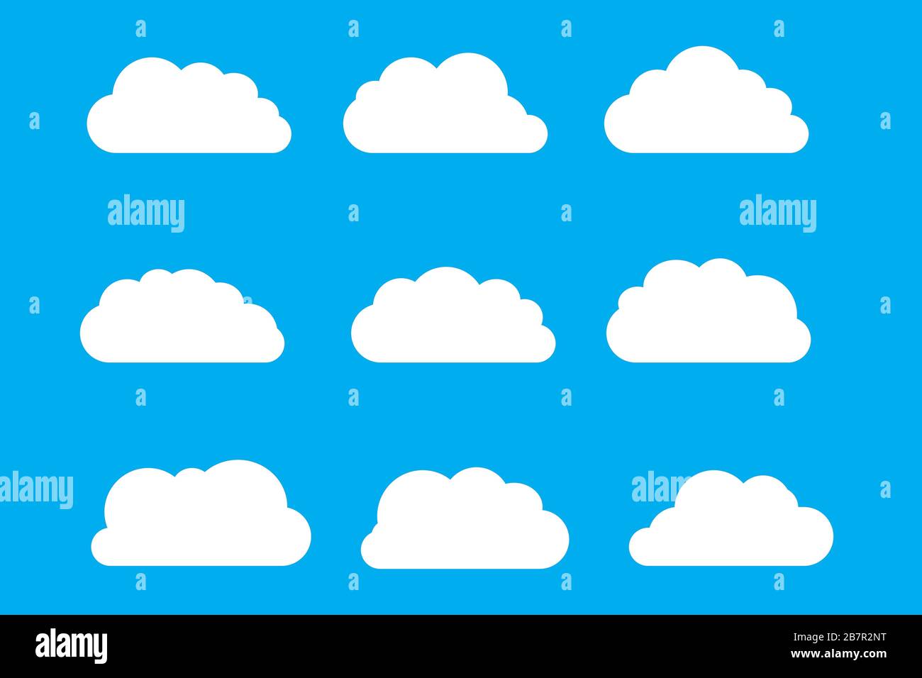 Ensemble d'icônes de nuage dans un style plat à la mode isolé sur fond bleu classique. Symboles nuages blancs pour la conception de sites Web, le logo, l'application Illustration de Vecteur