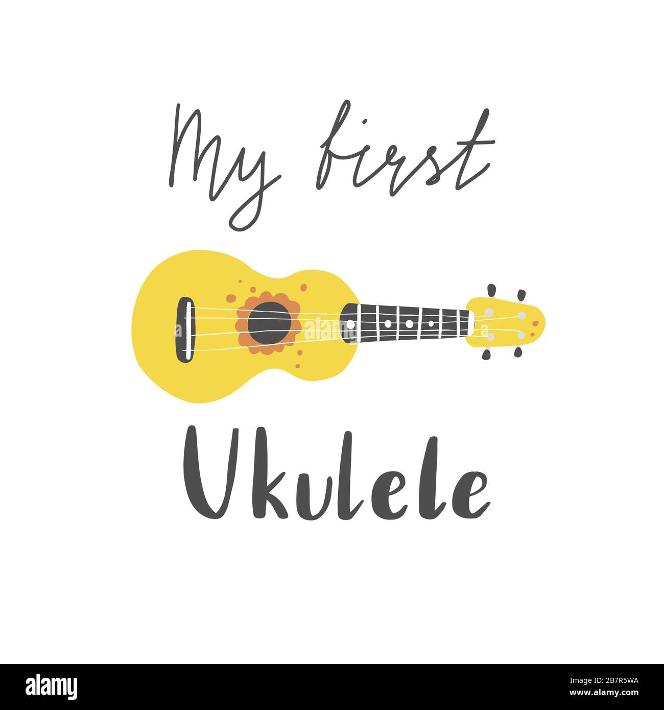 Joli dessin animé ukulele pour affiche d'été, motif carte avec texte lettrage Mon premier ukulele. Petite guitare, instrument de musique à cordes de style hawaï. Illuataration vectorielle de style simple dessiné à la main. Illustration de Vecteur