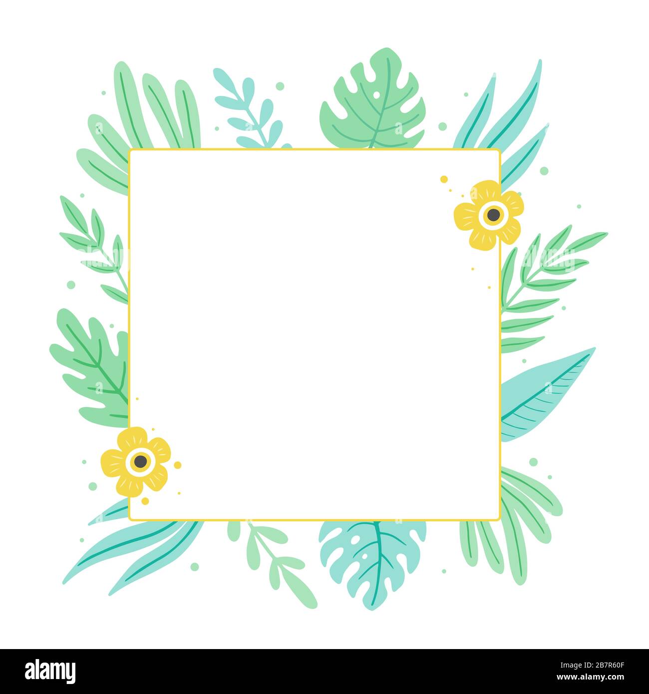 Cadre tropical de feuilles d'été pour bordure de texte, carte de vœux, affiche. Décoration fleurie exotique de style hawaï. Illusions vectorielles de style tendance. Illustration de Vecteur