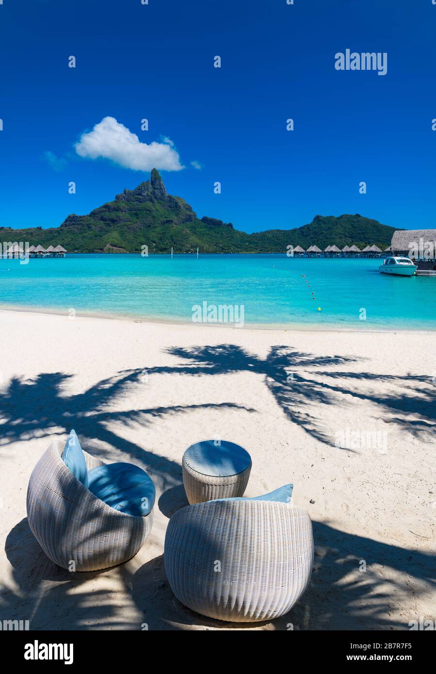 Chaises et ombres de palmier à Bora Bora, Tahiti Banque D'Images