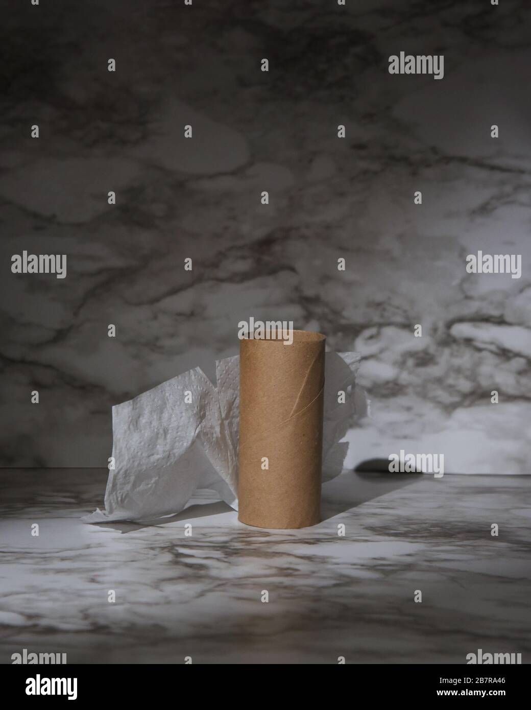 Un rouleau de papier toilette vide et utilisé avec un coup de projecteur sur l'objet pour une pénurie de papier toilette de l'offre et de la demande sur la pandémie du virus corona. Banque D'Images