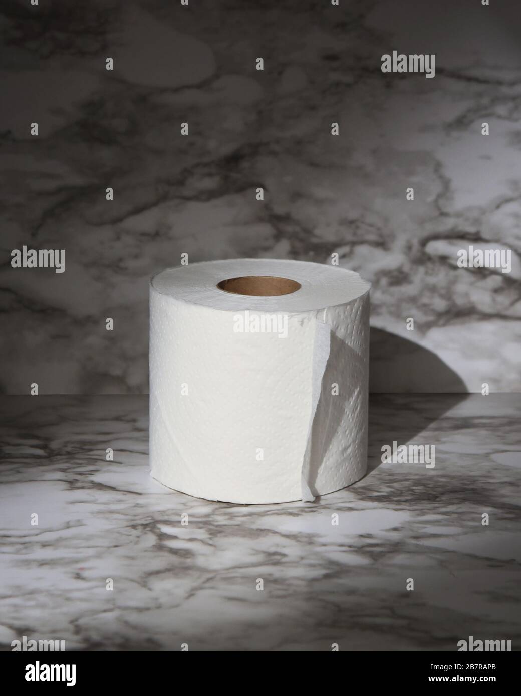 Un rouleau de papier toilette avec un coup de projecteur sur l'objet d'une pénurie d'approvisionnement et de demande de papier toilette sur la pandémie du virus corona. Banque D'Images