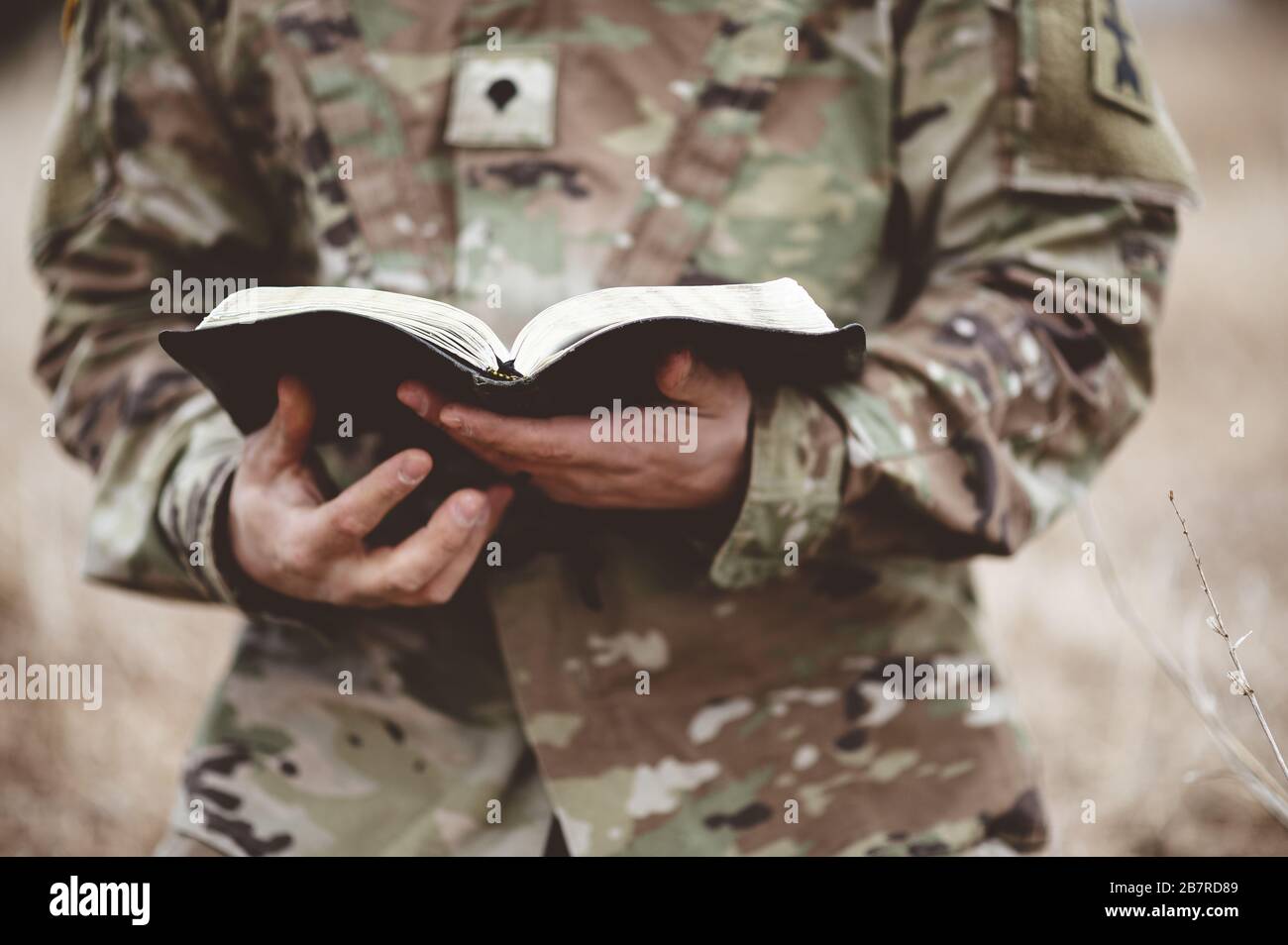 Photo d'un jeune soldat tenant une porte ouverte bible dans un domaine Banque D'Images