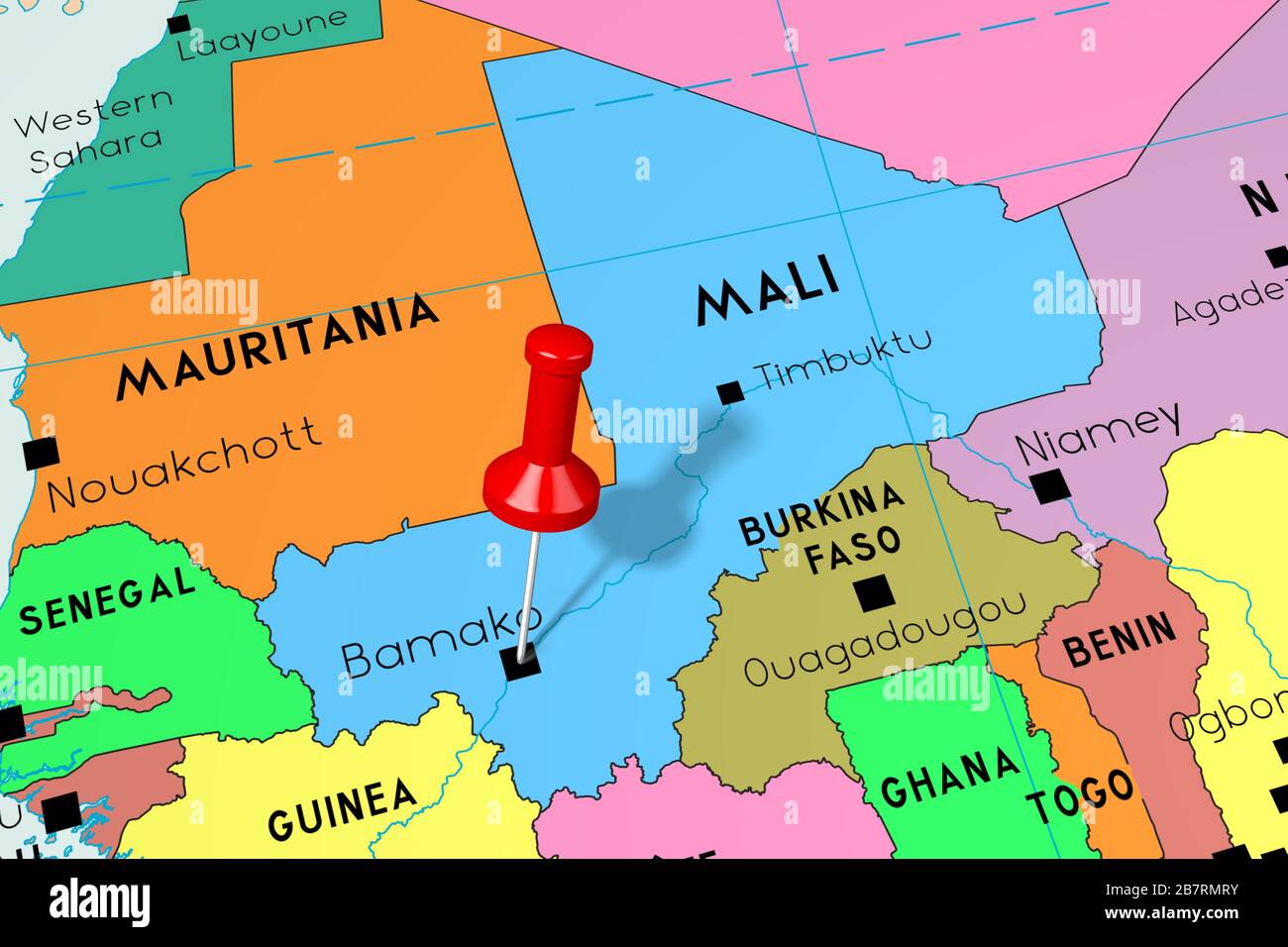 Mali, Bamako capitale, épinglée sur la carte politique Photo Stock