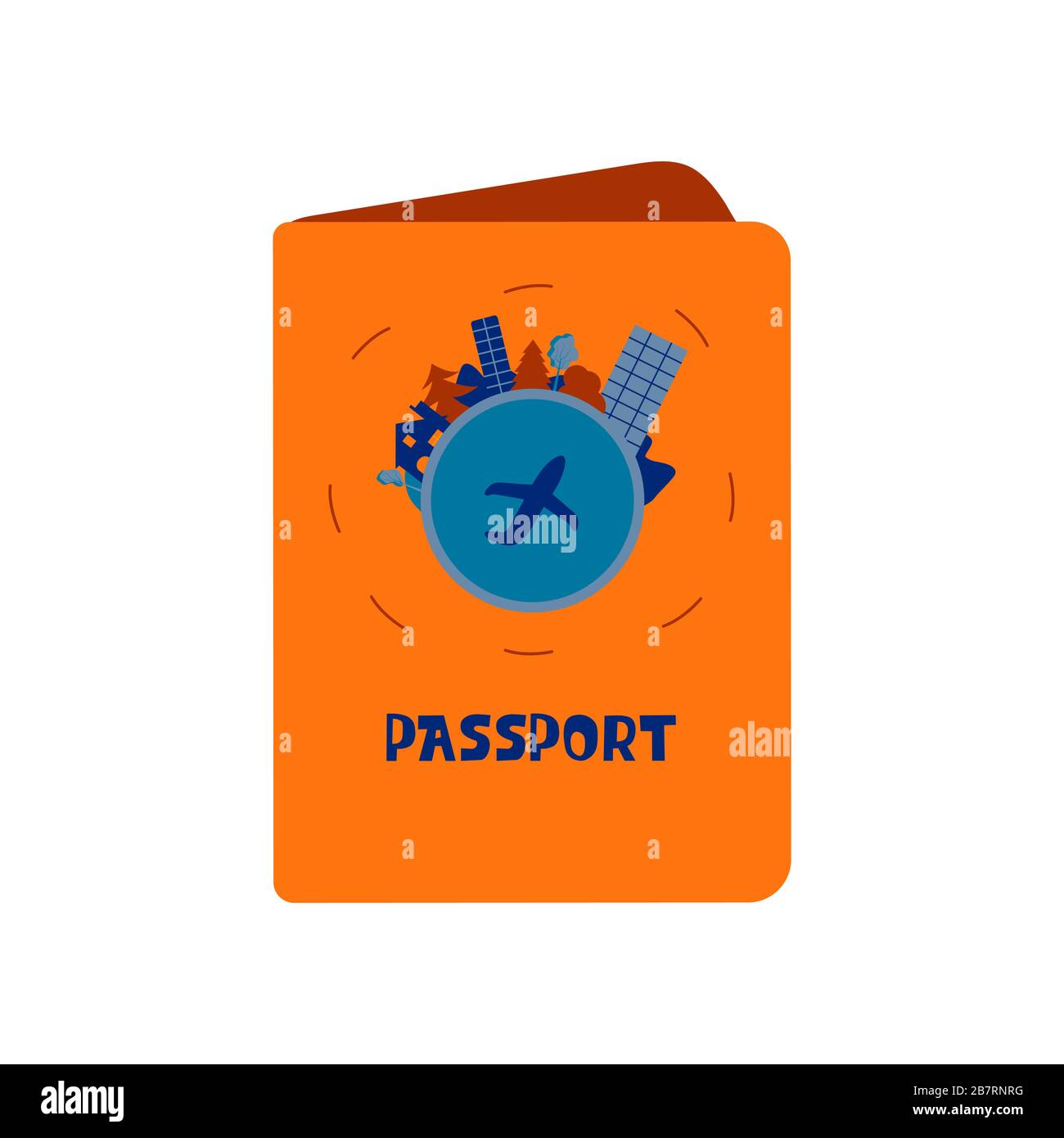 Passeport dans une couverture orange avec un imprimé en forme de planète et arbres, montagnes, une maison et des hauts-levers autour du bord. Un plan au centre Illustration de Vecteur