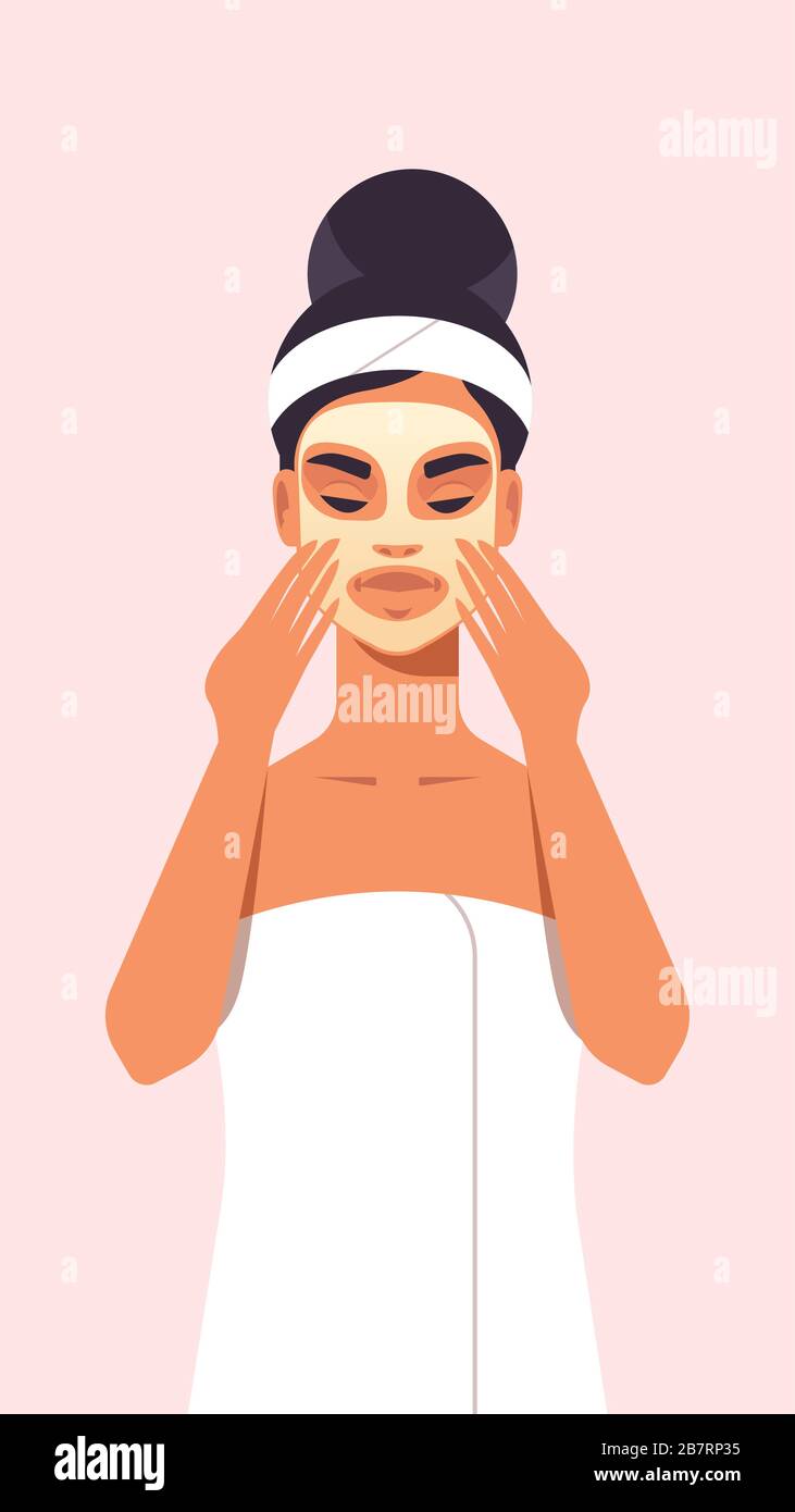 jeune femme appliquant un masque de visage habillé d'une serviette fille avec peau propre peau fraîche soin spa détente visage concept portrait illustration vectorielle Illustration de Vecteur