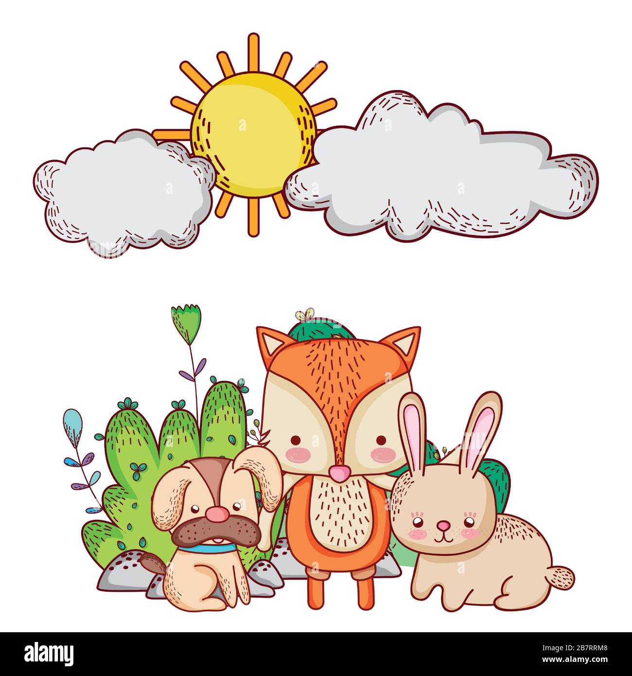 animaux mignons, renard de chien chiot et buisson de lapin nature caricature illustration vectorielle Illustration de Vecteur