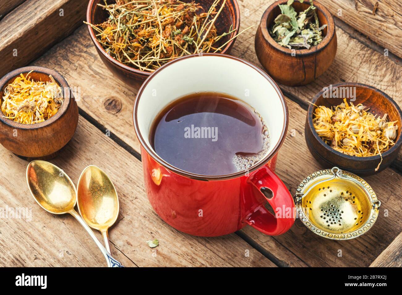 Tasse de thé à base d'herbes médicinales.divers ingrédients de tisanes Banque D'Images