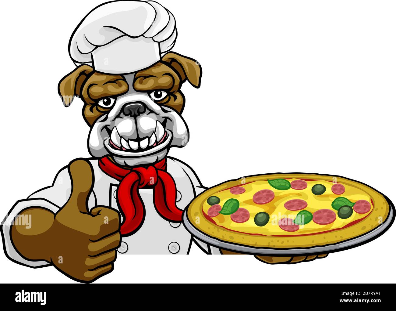 Panneau de mascotte du restaurant Bulldog Pizza Chef Cartoon Illustration de Vecteur