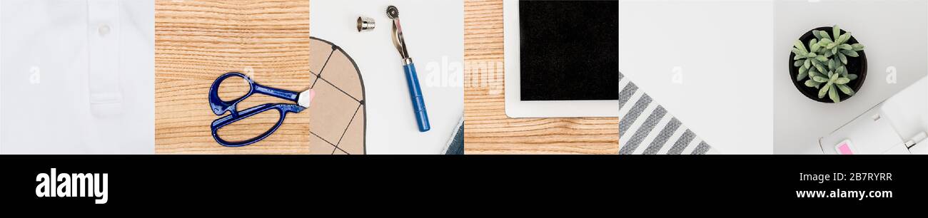 collage de bobines et de tissus colorés à fils de coton, concept de couture Banque D'Images