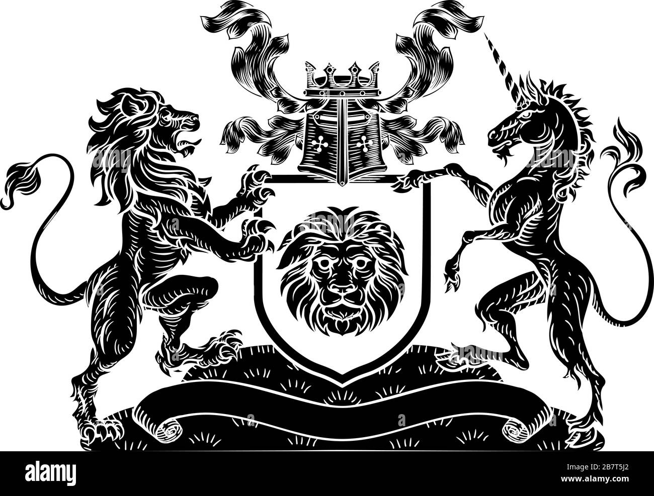 Licorne Lion Crest Armoiries Bouclier Héraldique Illustration de Vecteur