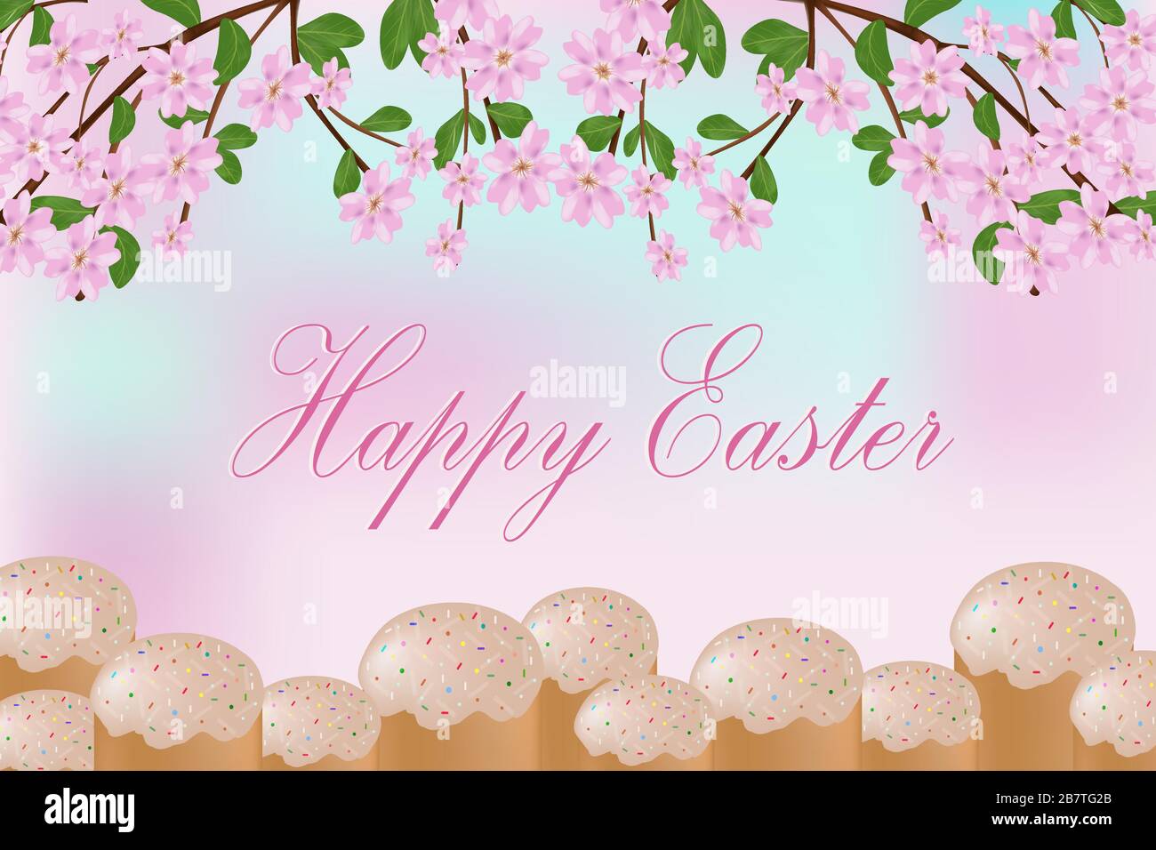 Carte de vœux avec gâteau à la pâtisserie aux fleurs roses pour les vacances de Pâques en avril Illustration de Vecteur