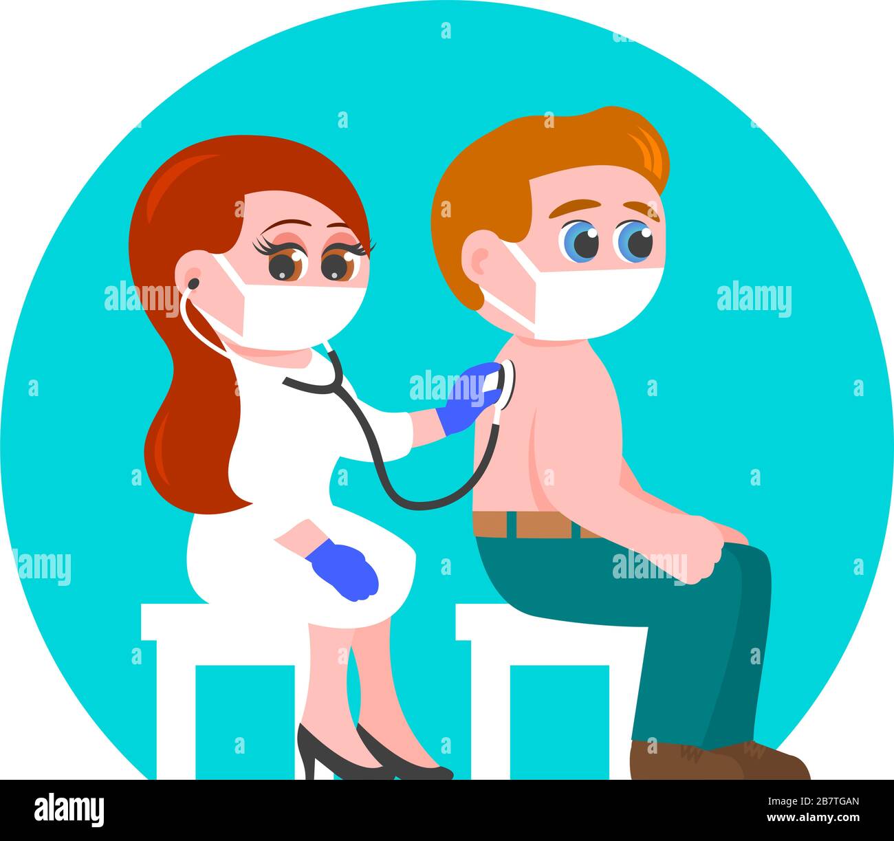 Médecin femme dans un masque médical écoute le souffle d'un homme. Bilan de santé pendant une épidémie. Illustration de la caricature vectorielle. Illustration de Vecteur