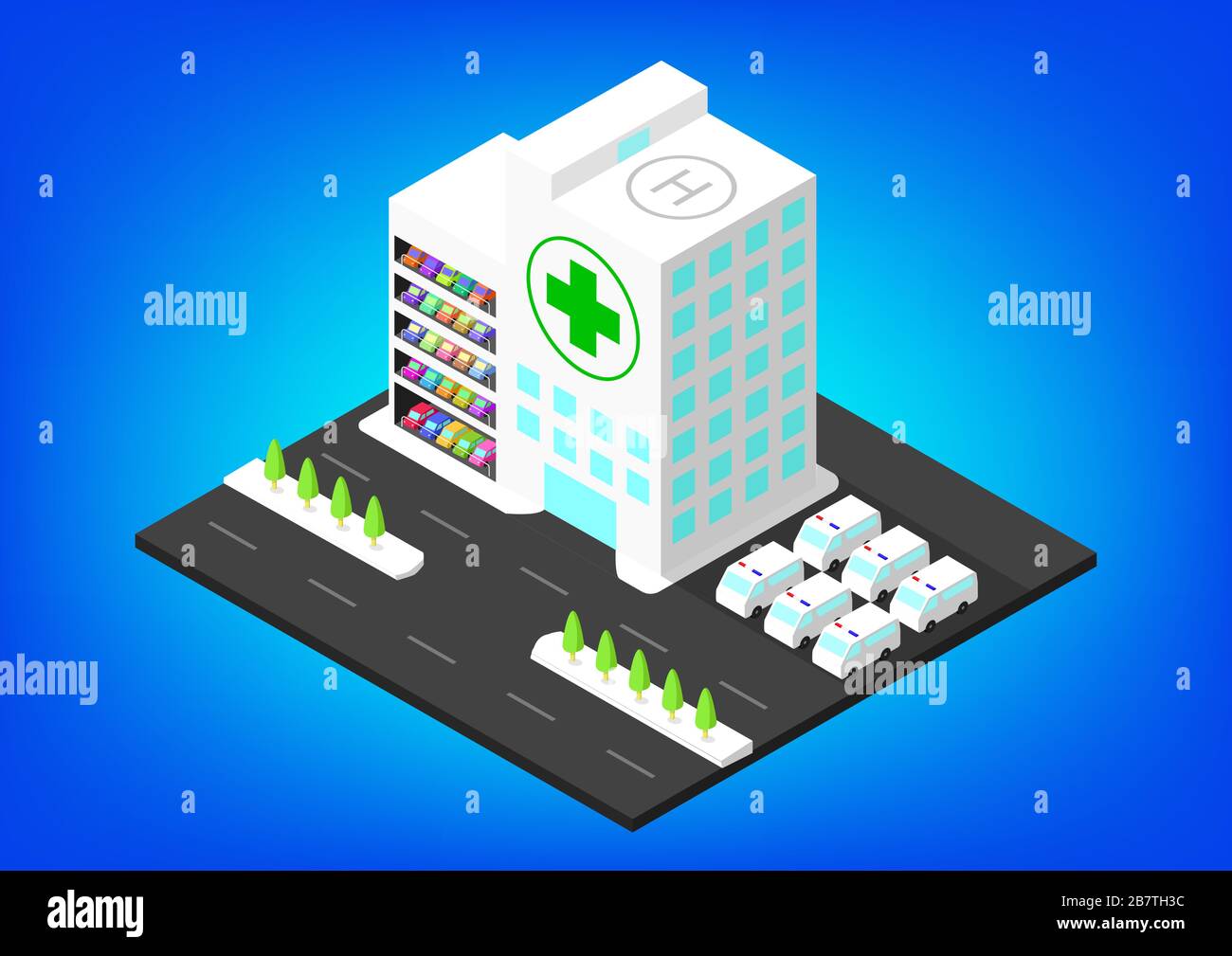 Bâtiment isométrique de l'hôpital avec parking, art vectoriel Illustration de Vecteur