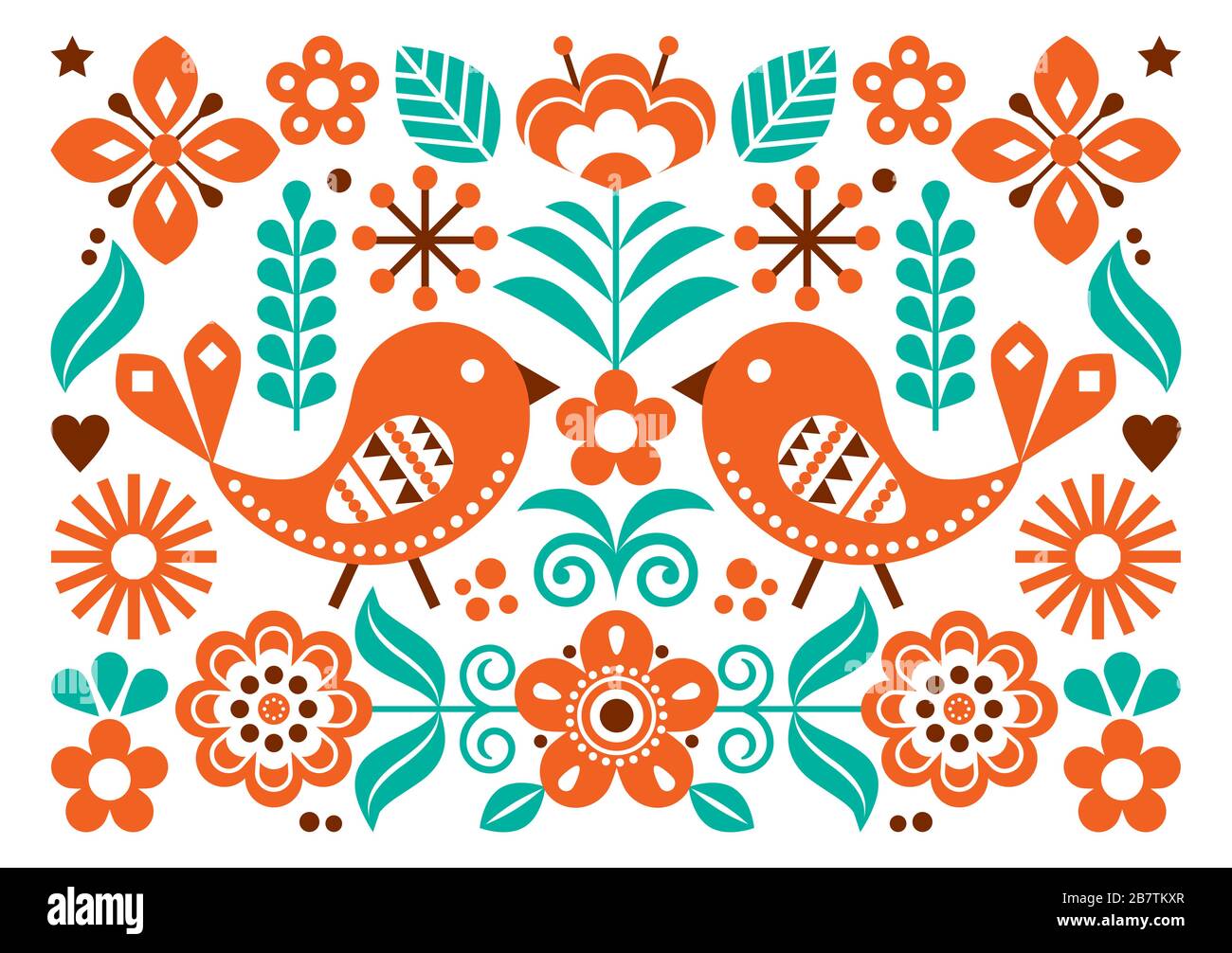 L'art folklorique scandinave est un joli motif fleuri, une carte de vœux ou un motif invitation au format A7 avec des oiseaux, des fleurs inspirées de la broderie traditionnelle Illustration de Vecteur