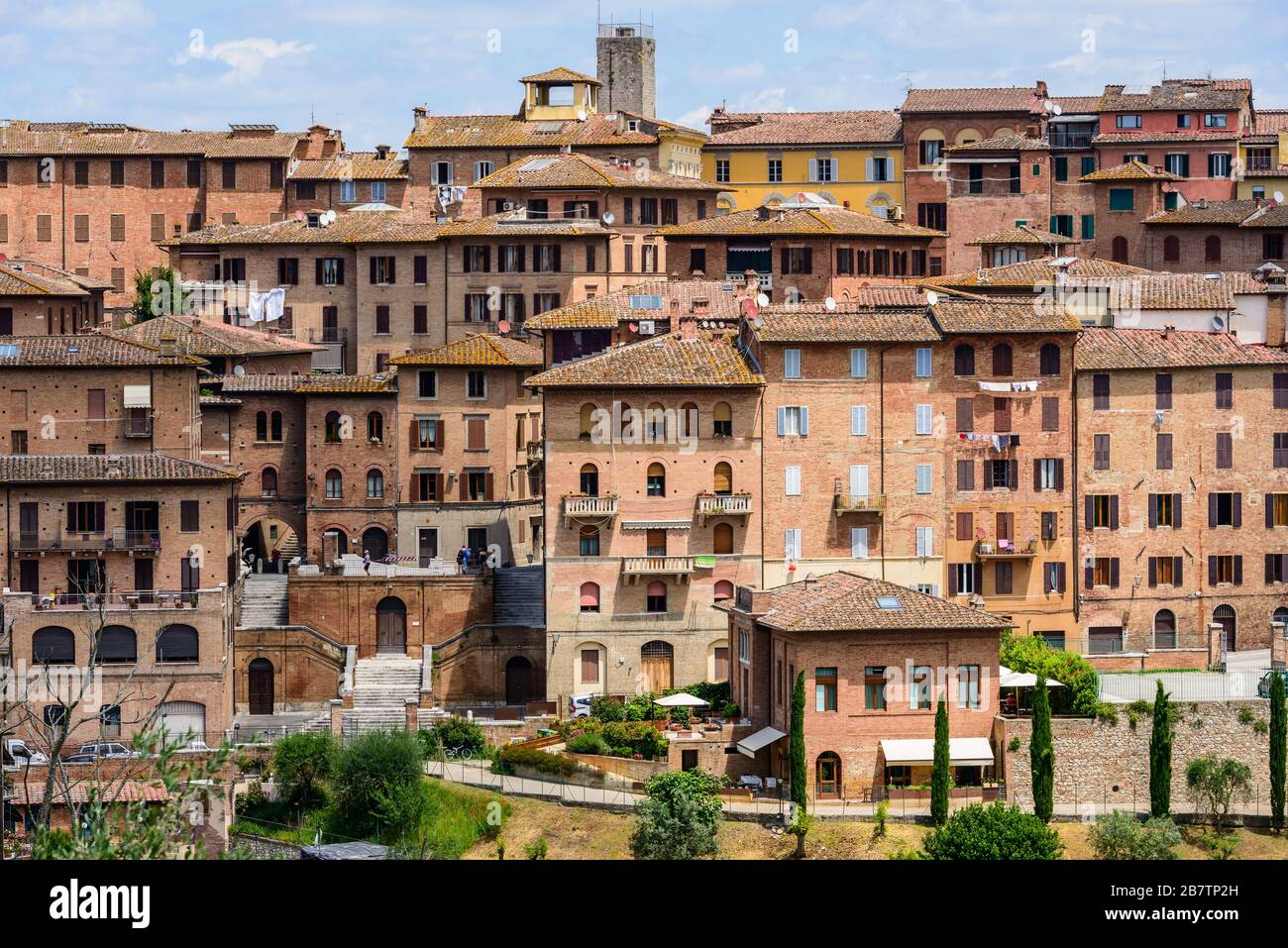 La ligne d'horizon d'une section densément construite du centre historique vu d'un sentier près de Monastero di Sant'Agostino, Sienne, Toscane, Italie, en mai. Banque D'Images