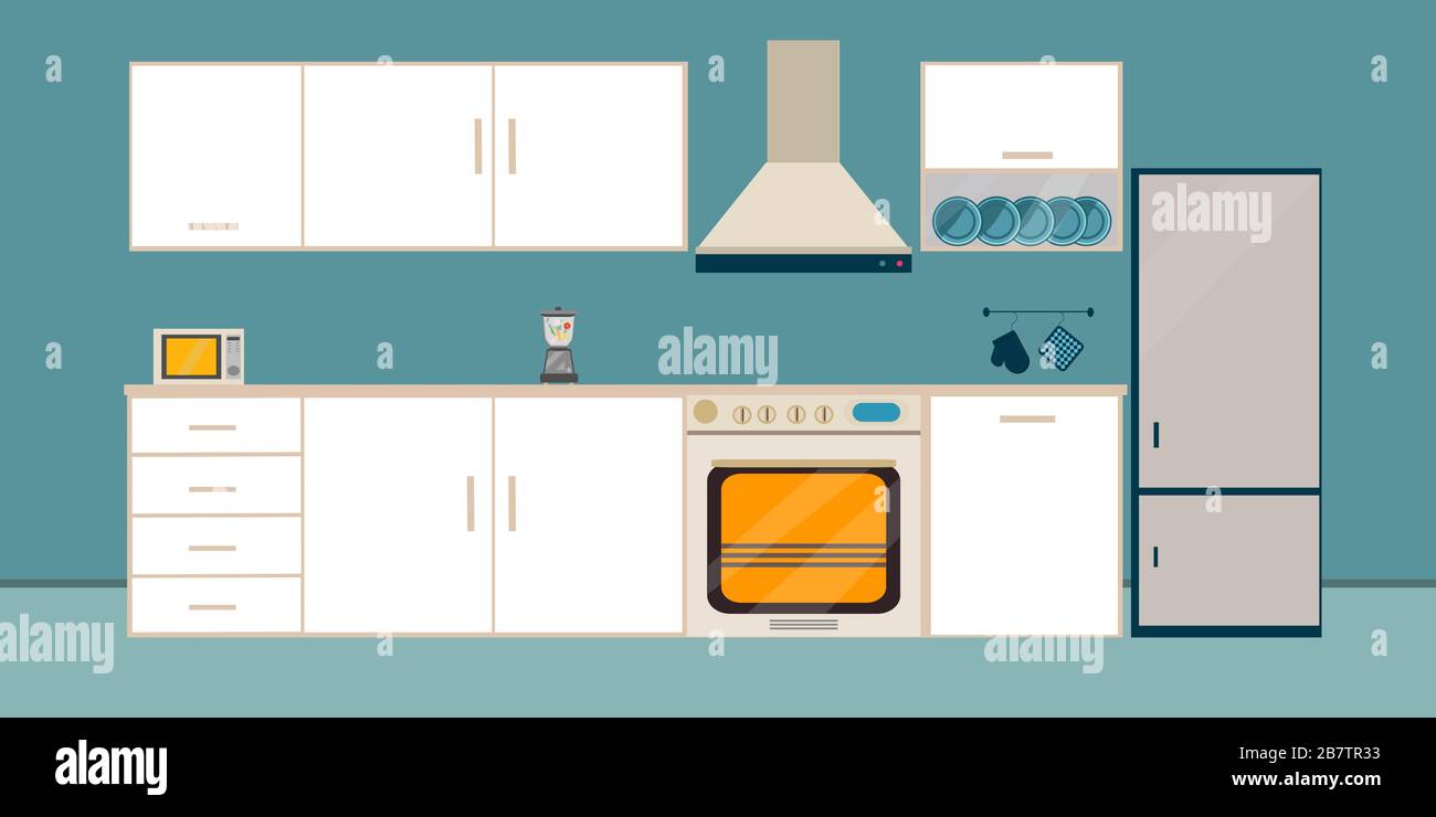 Cuisine intérieur blanc repas illustration plate avec four à micro-ondes et franges four table de réfrigérateur avec table en bois et sur fond bleu Illustration de Vecteur