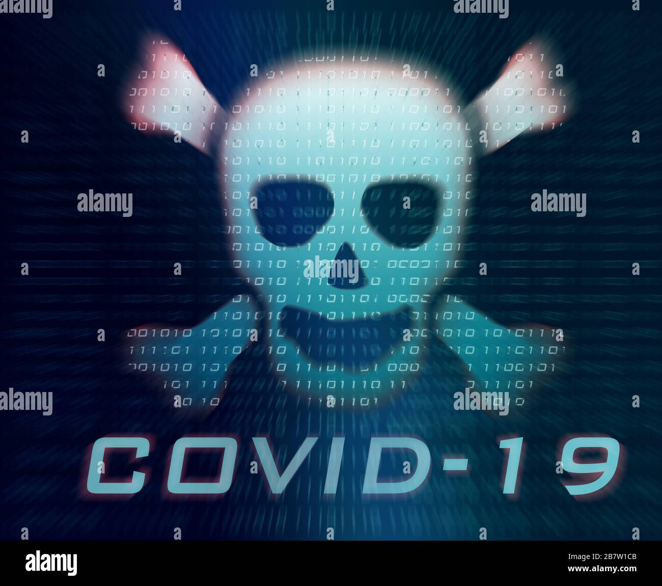 Symbole de piratage COVID-19 avec crâne et code binaire en arrière-plan Banque D'Images