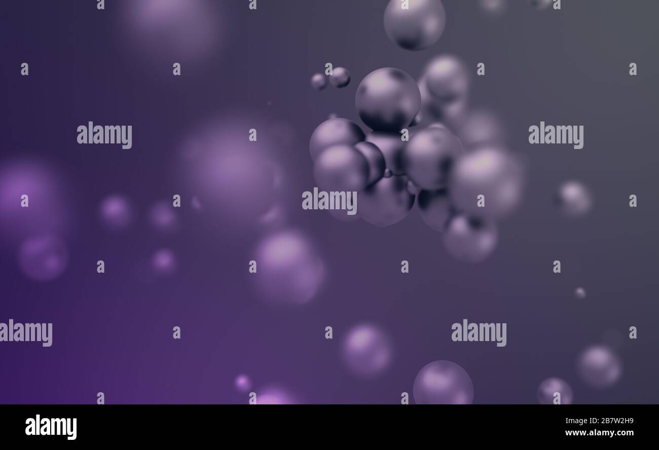 Rendu abstrait de sphères chaotiques. Projection de particules dans un espace vide. Forme dynamique. Fond futuriste avec bokeh, profondeur de champ effet. Banque D'Images