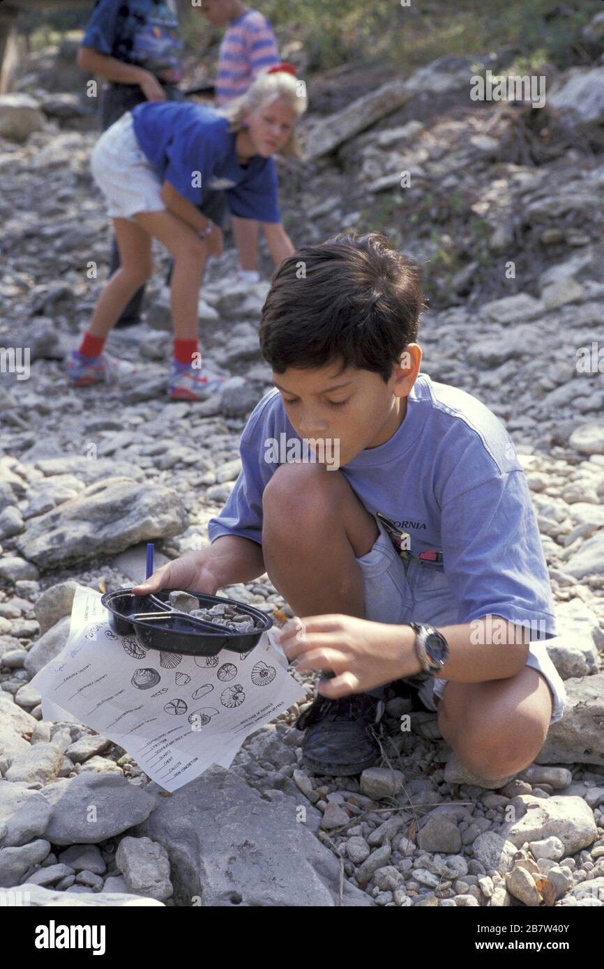 Austin Texas Etats-Unis: Les étudiants de la chasse aux fossiles dans le lit de ruisseau pendant la cinquième classe de science voyage menti. ©Bob Daemmrich Banque D'Images