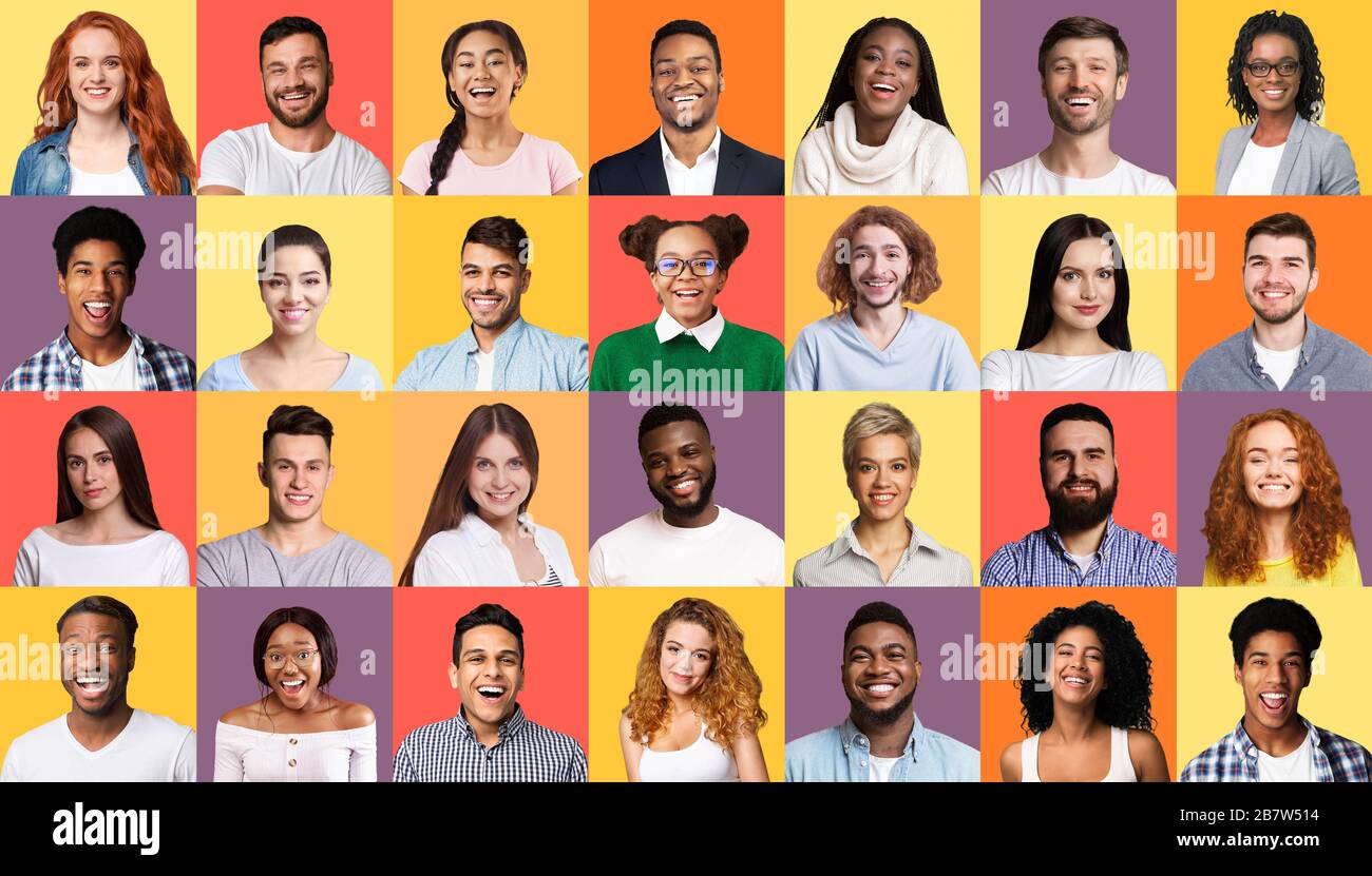Collage de personnes multiraciales réussies de la génération du millénaire sur des arrière-plans colorés Banque D'Images