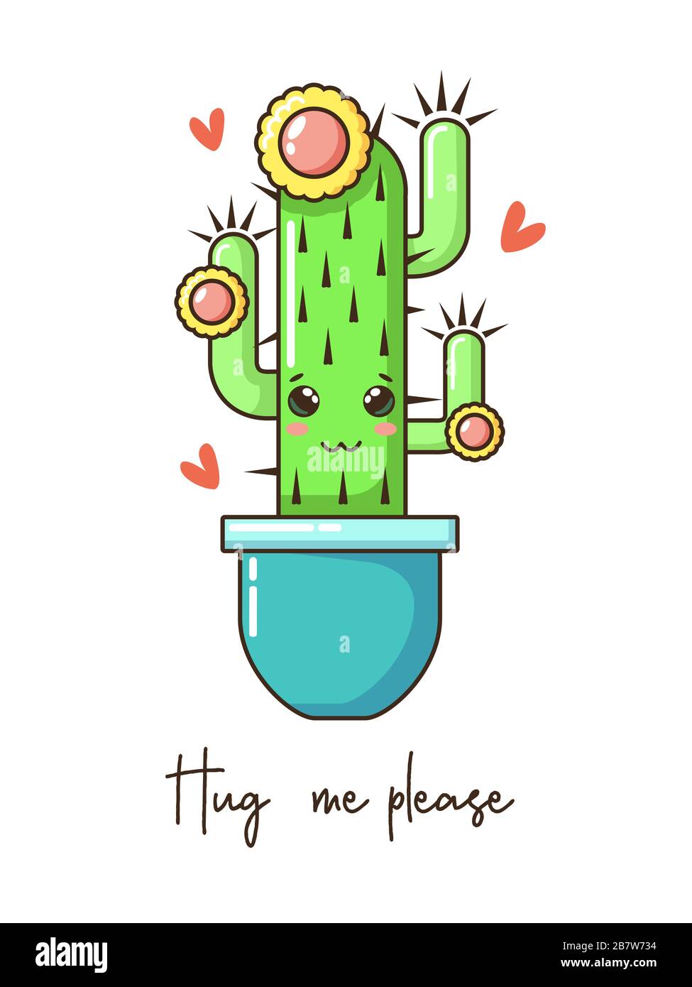 Mignon dessin animé kawaii cactus avec visage drôle en pot, fleur de couronne et voeux. Illustration vectorielle dessinée à la main, texte mode. Motif pépinière Illustration de Vecteur