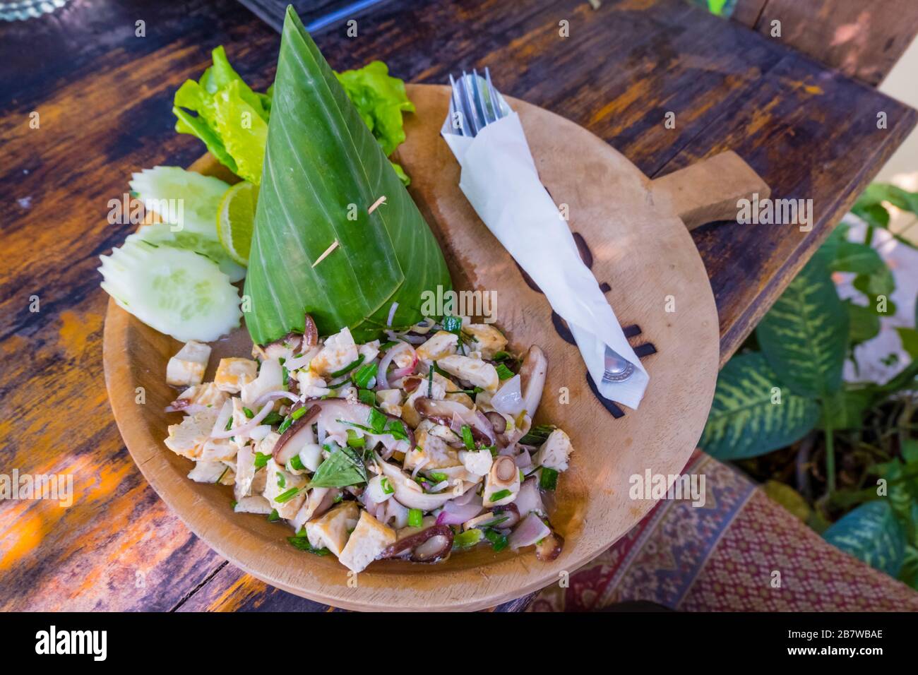 Plat végétarien laotien avec champignons et tofu et riz sous la feuille de banane, Luang Prabang, Laos Banque D'Images