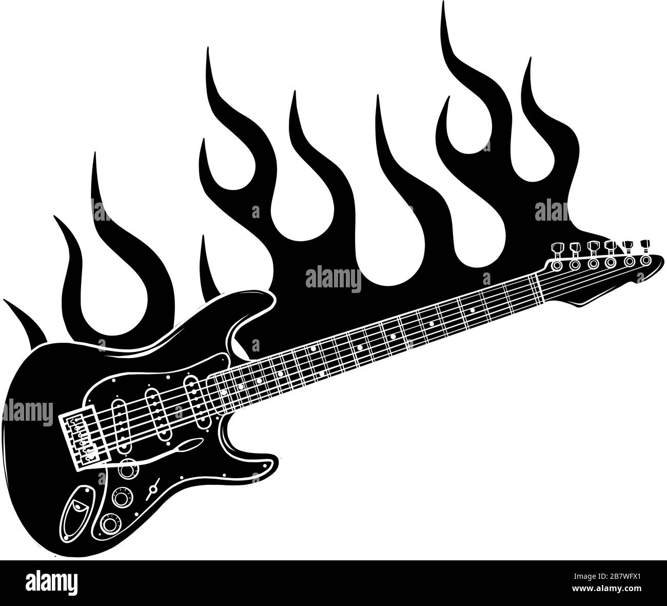 Guitare électrique en feu en pleine couleur et noir flammes vector illustration Illustration de Vecteur