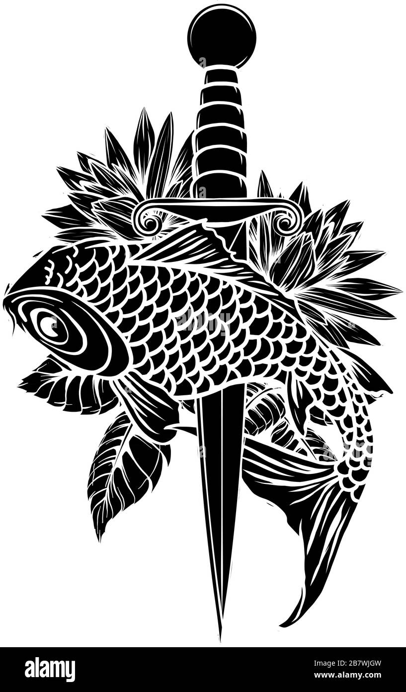 Dessin d'une illustration de style d'esquisse d'un poisson de truite et d'un couteau de cuisinier vu Illustration de Vecteur